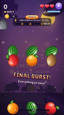 Fruit Slice Fruit Storm level during its FINAL BURST phase, with fruit and coins flying.