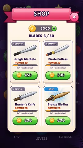 Fruit Slice blade shop with rarity cards, blade power and prices in coins.