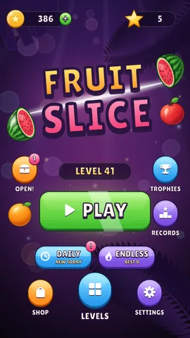 Fruit Slice home screen with the PLAY button, Daily and Endless modes.