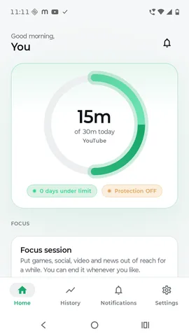 Sworn home screen showing 15 minutes of a 30 minute daily YouTube limit used.