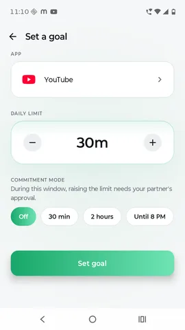 Setting a 30 minute daily limit for YouTube, with commitment mode options.