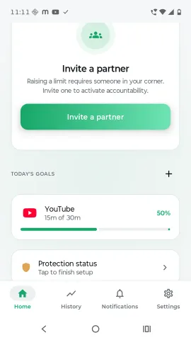 Inviting a partner in Sworn, and the list of today's goals with progress against each limit.