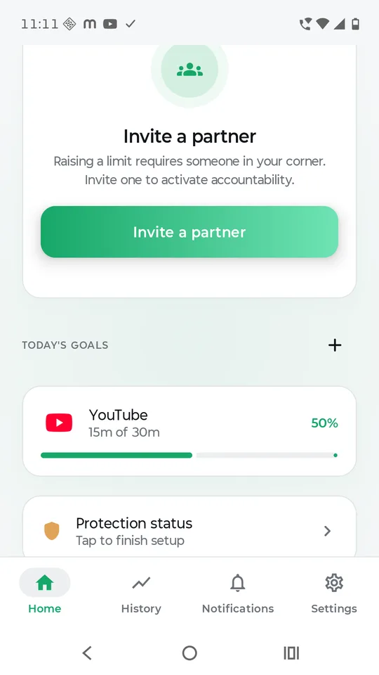 Inviting a partner, and the list of today's goals with progress against each limit.